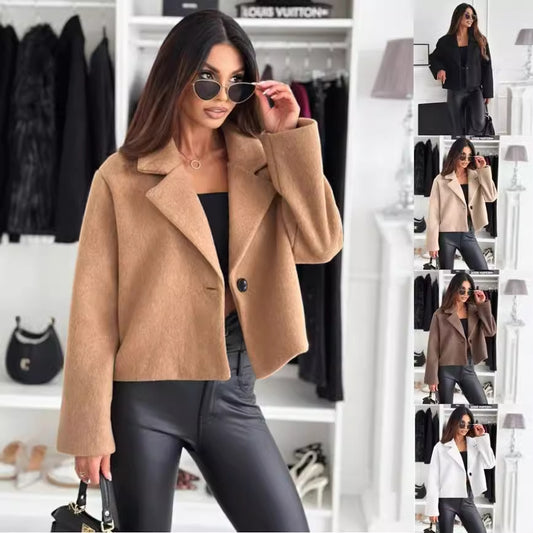 Abrigo de Lana con Cuello de Traje para Mujer - Colores Sólidos Otoño Invierno