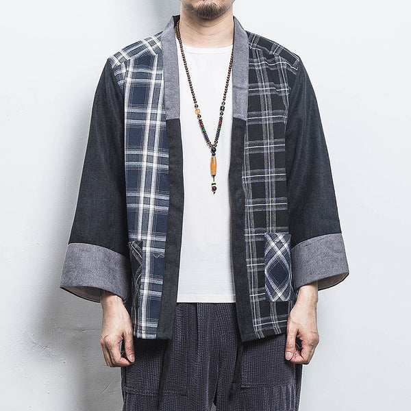 Cardigan de Punto Estilo Kimono Asiático con Cuadros