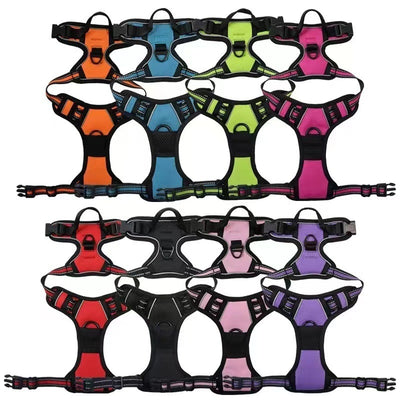 Red and black dog harness with reflective strips, adjustable straps, and a top handle for secure pet control. - Image 36