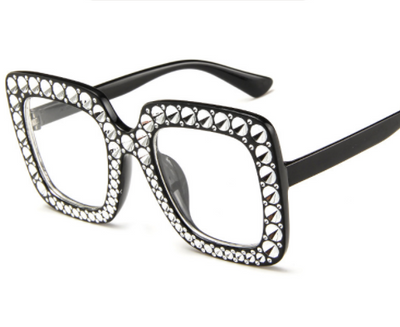 Oversized square sunglasses with clear peach frames, brown lenses, and clear faceted rhinestones around the edges. - Image 8