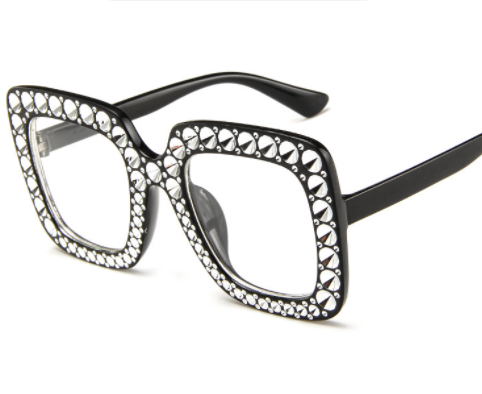 Oversized square sunglasses with clear peach frames, brown lenses, and clear faceted rhinestones around the edges. - Image 8