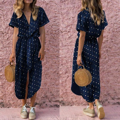 Vestido Largo de Botones con Escote en V y Lunares