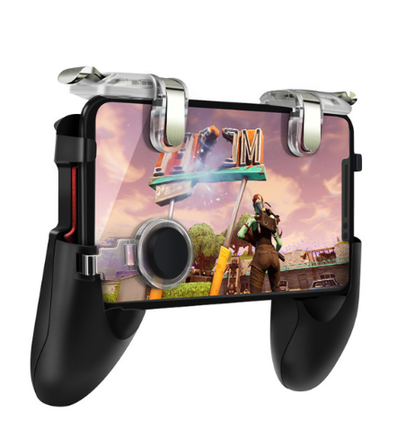 Black mobile gaming controller grip with two red and black clip-on trigger buttons and a small joystick. - Image 4