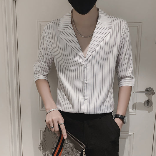 Camisa Slim Fit a Rayas Manga Corta para Hombre - Image 11