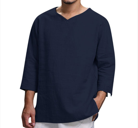 Camisa Holgada de Algodón y Lino con Cuello V - Manga Larga para Hombre - Image 5