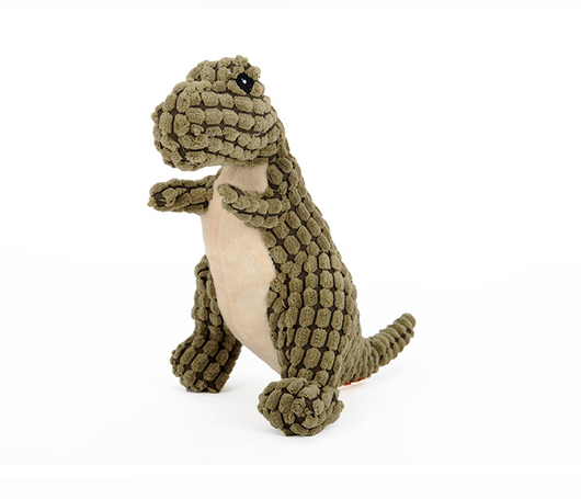 Brown textured corn velvet dinosaur plush toy with beige belly and black eyes, designed for dogs. - Image 6