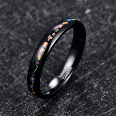 Anillo de Acero Tungsteno Dome Plata Negra con Ópalo Incrustado para Mujer