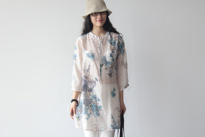 Blusa Larga de Lino y Algodón con Estampado Floral - Manga 7/8 Holgada Estilo Coreano - Image 3