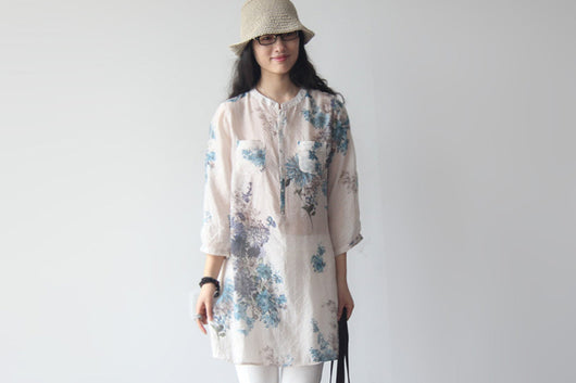 Blusa Larga de Lino y Algodón con Estampado Floral - Manga 7/8 Holgada Estilo Coreano - Image 3