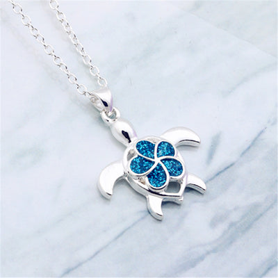 Collar Colgante de Tortuga con Flor Azul en Resina Epoxi para Mujer
