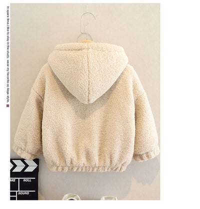 Beige fleece hoodie with 'WAY' text on front, paired with a matching fanny pack, for kids. - Image 3