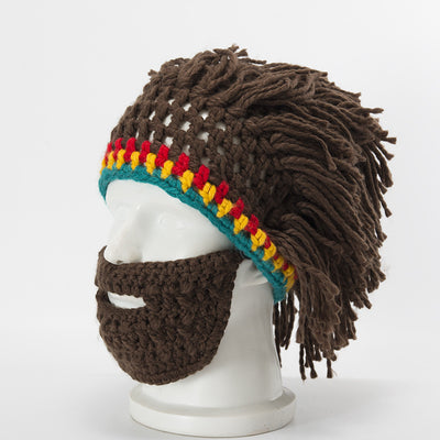 Gorro de Lana Tejido a Mano con Barba Postiza - Disfraz Cómico Unisex