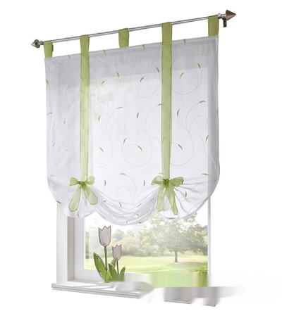 White sheer Roman window screen with red embroidered floral patterns and red ribbon ties, hanging from a silver rod. - Image 11