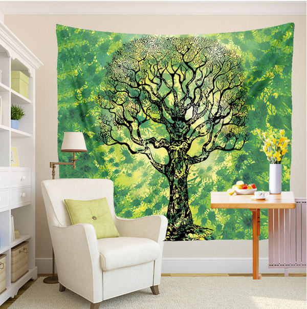 Tapiz Mandala Hindú Verde Azul con Flores - Decoración de Pared Artística