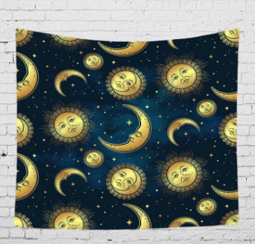 Bohemian sun and moon tapestry with a celestial pattern of golden suns and crescent moons on a dark blue background. - Image 27