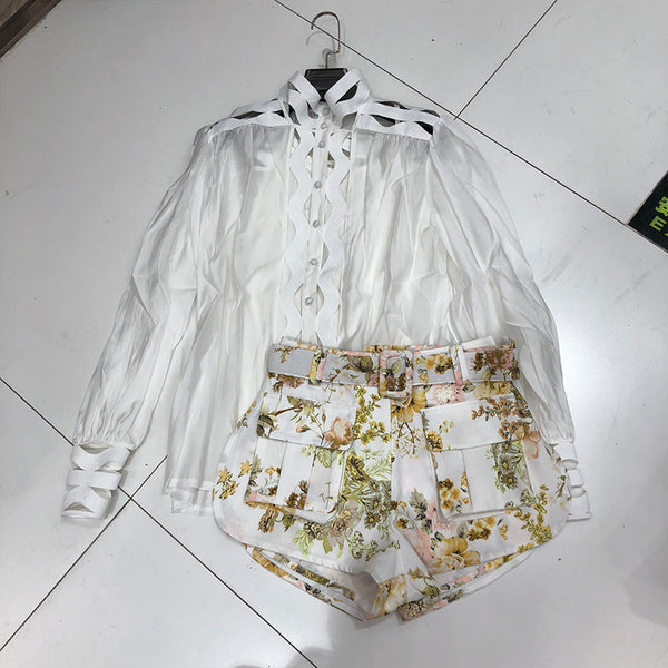 Conjunto de 2 Piezas: Blusa Hueca Manga Larga + Short Estampado