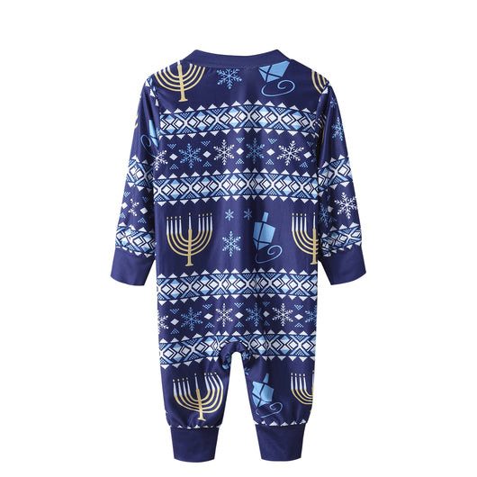 Family of five wearing matching navy blue Hanukkah pajamas with gold menorahs, blue dreidels, and white snowflakes. - Image 3