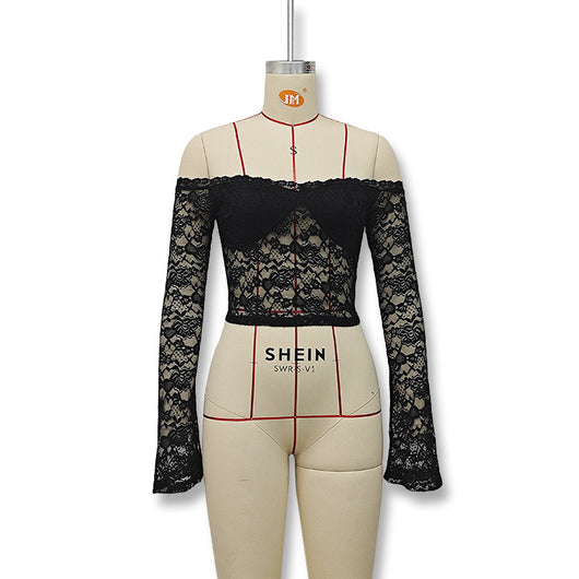 Blusa de Encaje Elegante Hombros Descubiertos Manga Larga - Image 20