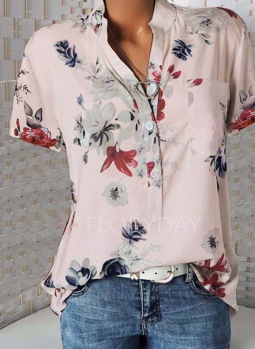Blusa Estampada de Flores con Cuello en V y Manga Corta - Image 8