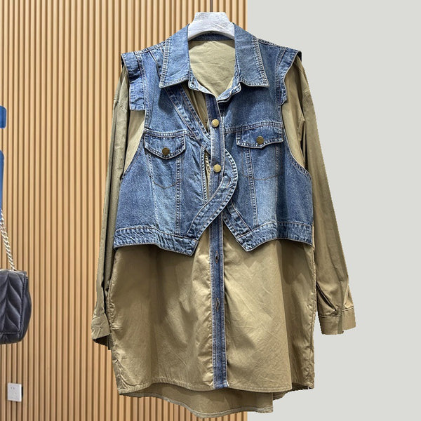 Chaqueta Denim Falso Dos Piezas para Mujer con Diseño Moderno