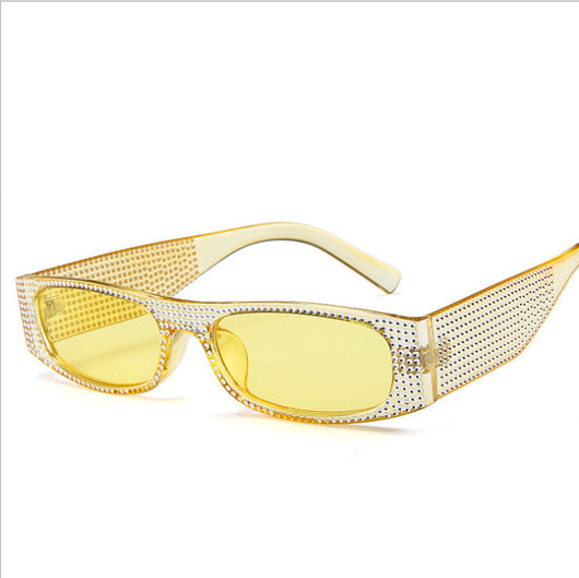 Yellow rectangular sunglasses with clear rhinestone-studded frames and matching yellow lenses. - Image 18