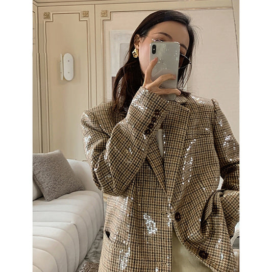Blazer Cuadrille con Lentejuelas - Saco Retro Británico Oversized para Mujer