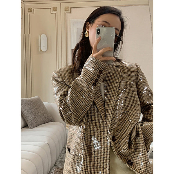 Blazer Cuadrille con Lentejuelas - Saco Retro Británico Oversized para Mujer