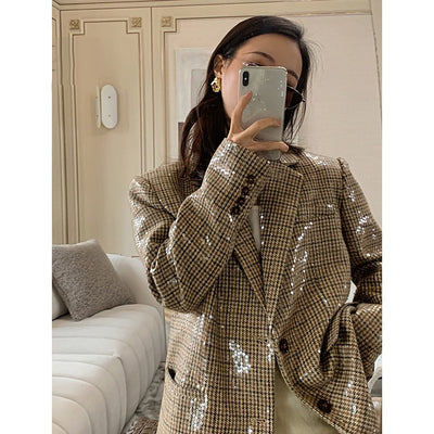 Blazer Cuadrille con Lentejuelas - Saco Retro Británico Oversized para Mujer