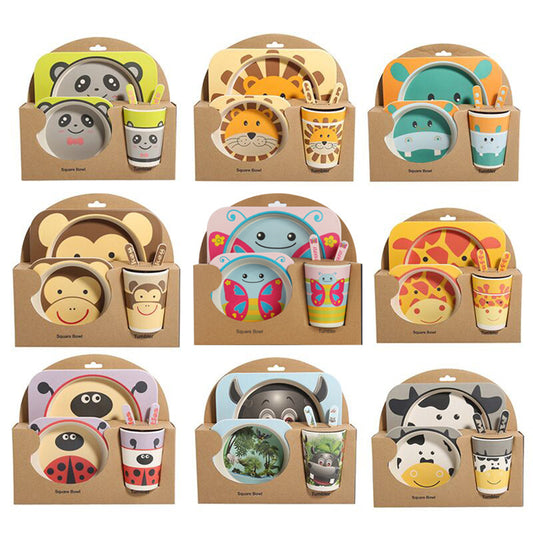 Juego de Vajilla Infantil 5 Piezas - Platos y Vasos de Fibra de Bambú Natural para Bebés