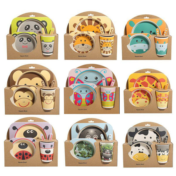 Juego de Vajilla Infantil 5 Piezas - Platos y Vasos de Fibra de Bambú Natural para Bebés