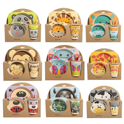 Juego de Vajilla Infantil 5 Piezas - Platos y Vasos de Fibra de Bambú Natural para Bebés