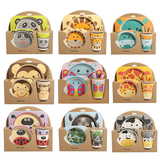 Juego de Vajilla Infantil 5 Piezas - Platos y Vasos de Fibra de Bambú Natural para Bebés