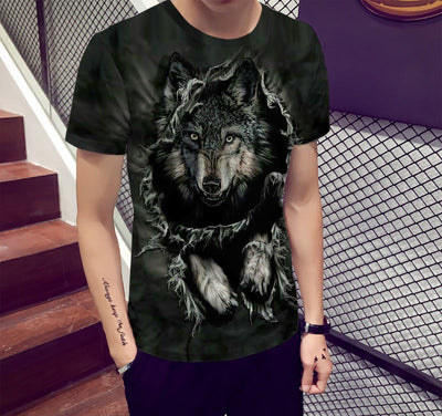 Playera Estampada Wolf 3D Tide Suelta Manga Corta Hombre - Image 3