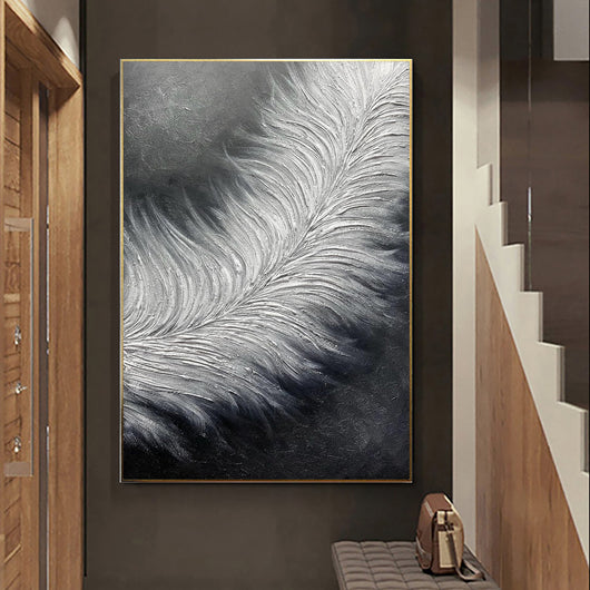 Cuadro Abstracto Plumas Blanco y Negro - Arte Moderno en Lienzo Grande con Textura