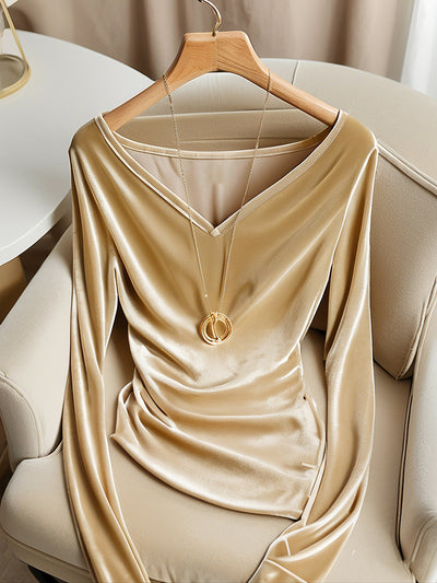 Blusa Champagne Escote V Manga Larga Plisada Terciopelo para Invierno - Image 10