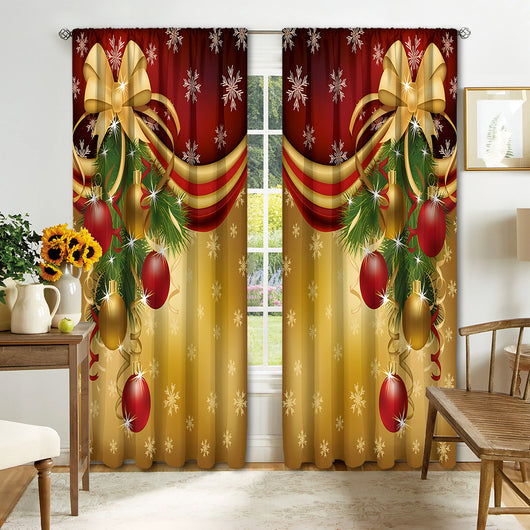 Digital printed Christmas curtains with a festive garland design, red ornaments, bows, and berries, on a white background. - Image 13