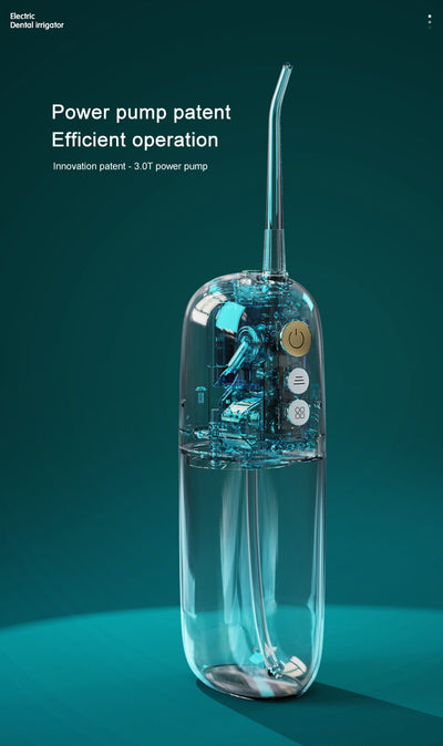 White and rose gold portable electric water flosser with a curved nozzle and volume markings for 160ml and 200ml. - Image 15