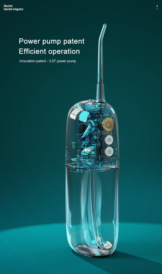 White and rose gold portable electric water flosser with a curved nozzle and volume markings for 160ml and 200ml. - Image 15