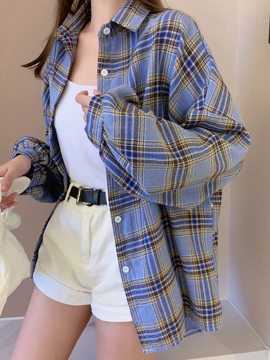 Camisa de Cuadros Holgada Diseño Exclusivo de Manga Larga