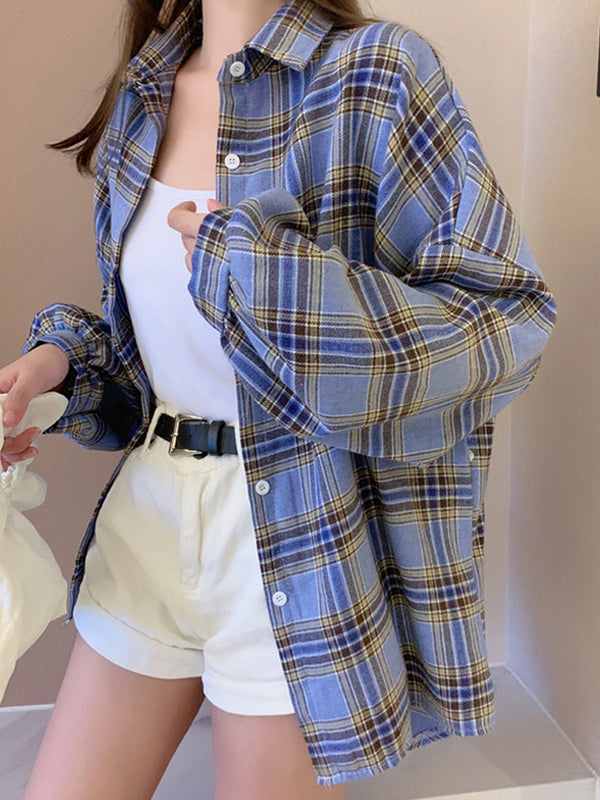 Camisa de Cuadros Holgada Diseño Exclusivo de Manga Larga