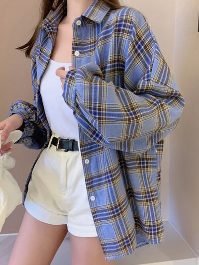 Camisa de Cuadros Holgada Diseño Exclusivo de Manga Larga