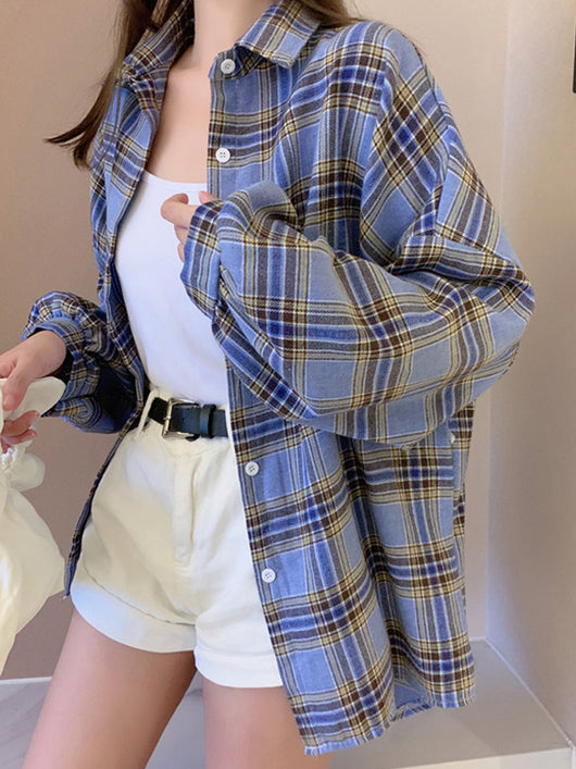 Camisa de Cuadros Holgada Diseño Exclusivo de Manga Larga