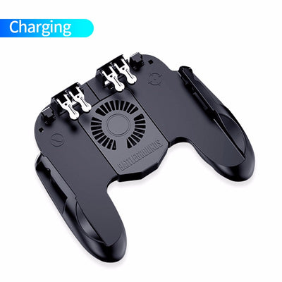Black six-finger smartphone gamepad with silver triggers and a built-in phone bracket for mobile gaming. - Image 6