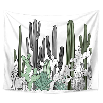 White tapestry with a print of various green and black and white line art cacti and succulents.