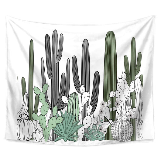 White tapestry with a print of various green and black and white line art cacti and succulents.