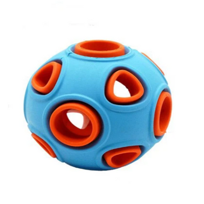 Blue and orange rubber pet toy ball with multiple circular cutouts, designed for interactive play and chewing. - Image 4