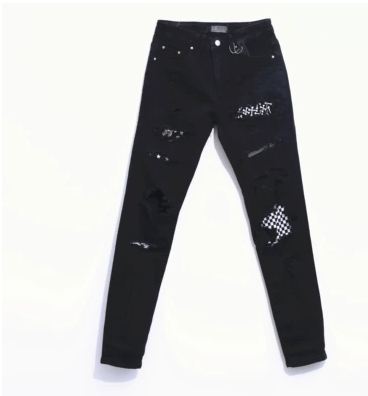Jeans Slim Fit Cuadros Blanco y Negro con Detalles Rotos y Puños Elásticos - Image 3