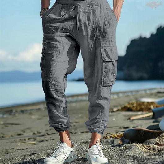Pantalones Casuales de Algodón y Lino con Múltiples Bolsillos y Cordón Ajustable - Image 29