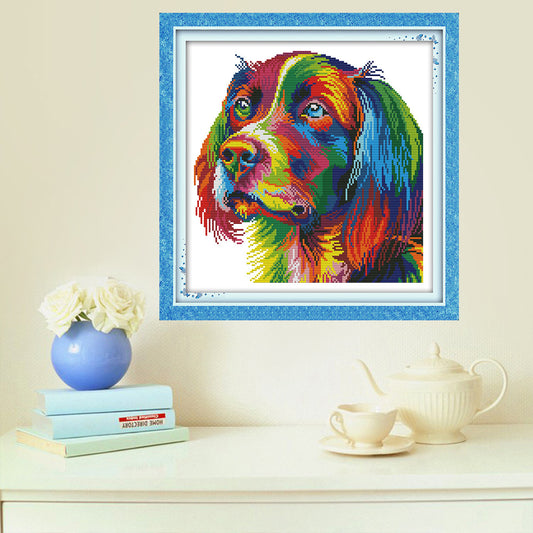 Punto de Cruz Perro Arcoíris - Diseño Colorido de Mascota Doméstica