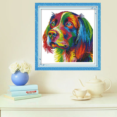Punto de Cruz Perro Arcoíris - Diseño Colorido de Mascota Doméstica